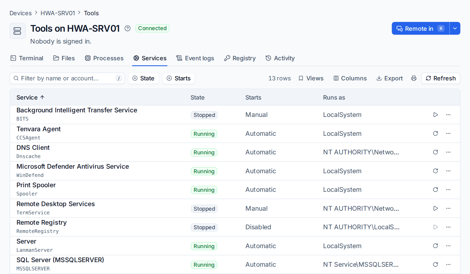 The Services tab of a server's background tools