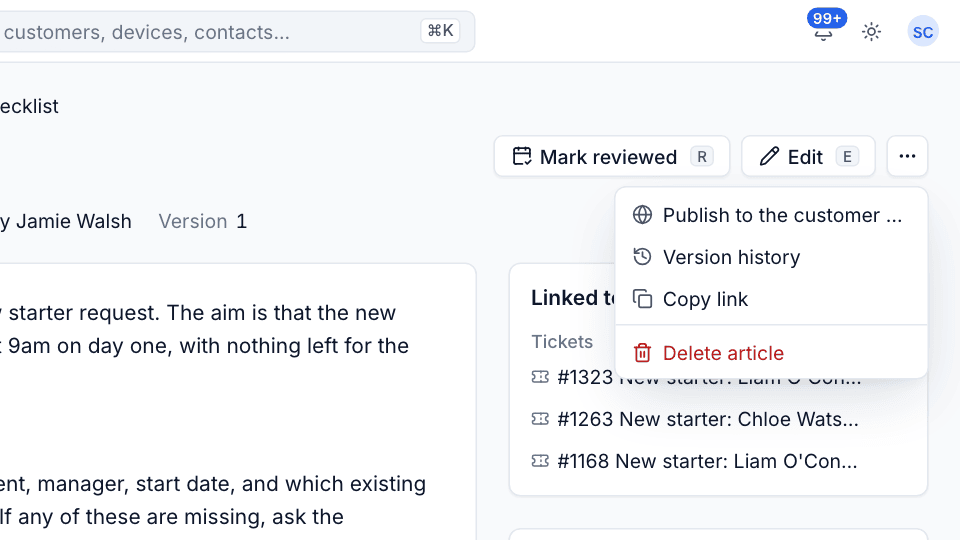 The More actions menu on an article