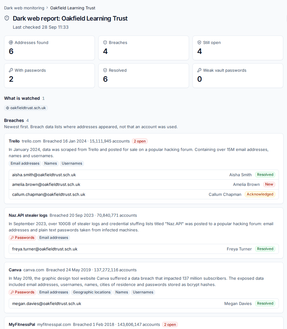 A customer's dark web report
