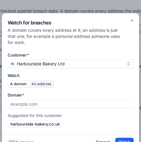 Watching a customer's domain for breaches