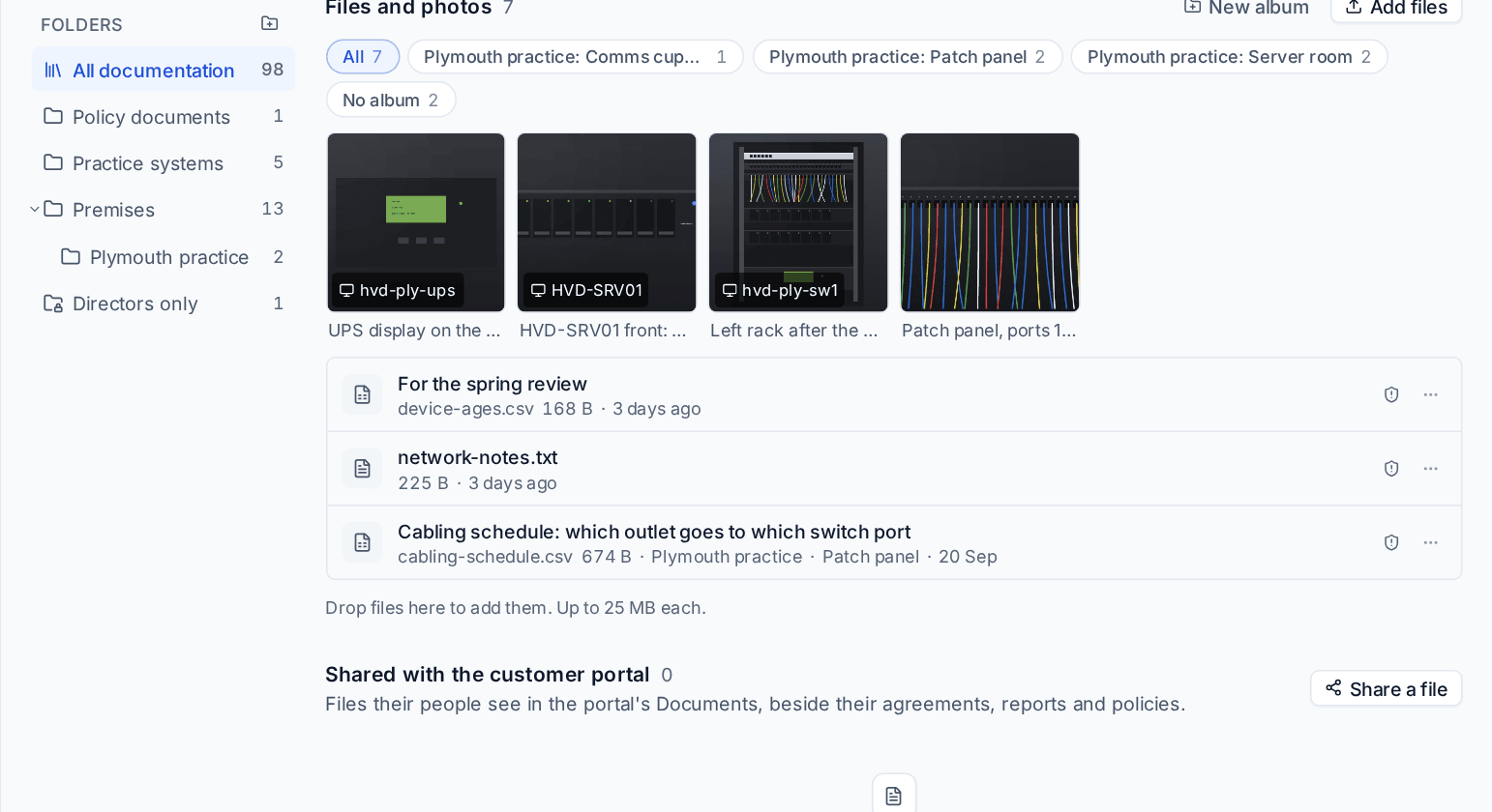 Files and photos with albums per site, photo thumbnails linked to devices, and files