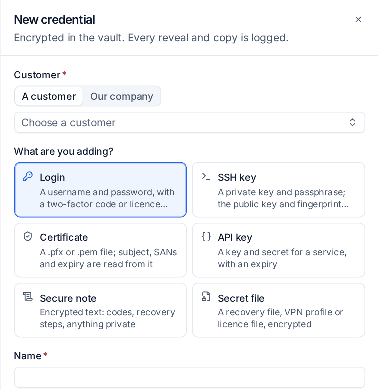 New credential with the six kinds: Login, SSH key, Certificate, API key, Secure note and Secret file