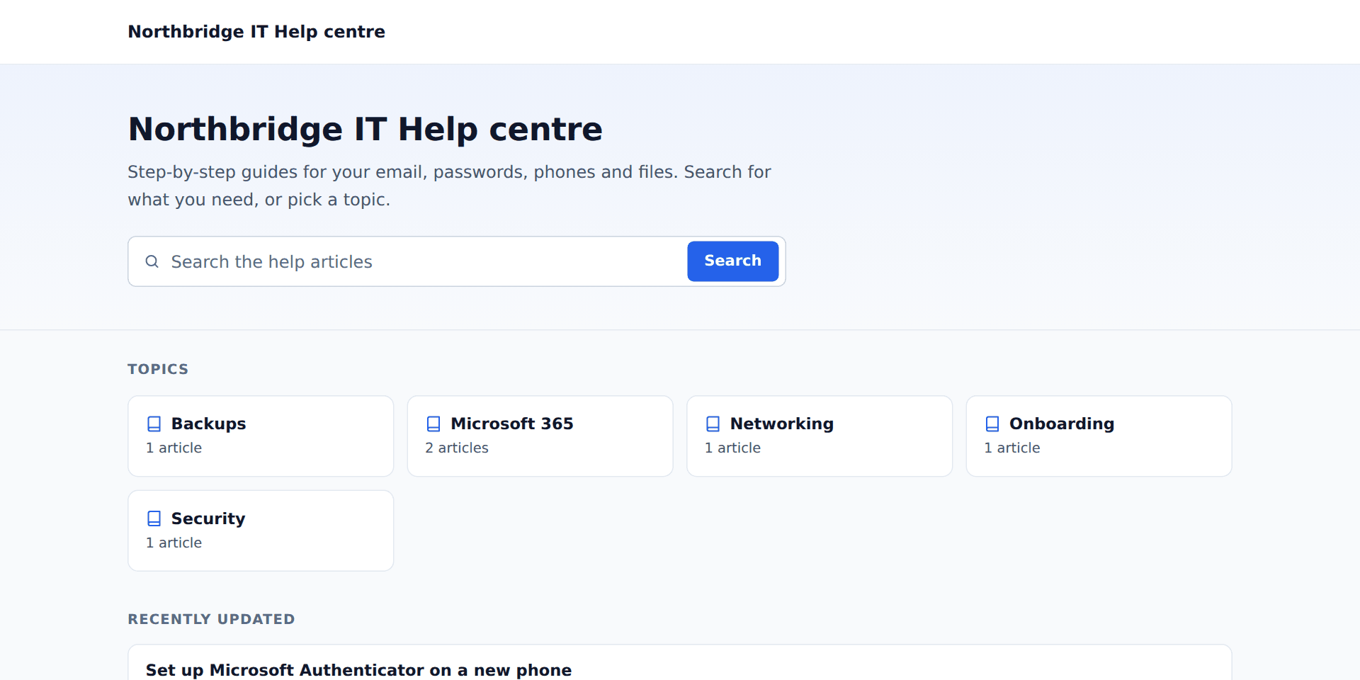 A public help centre with search, topics and recently updated articles