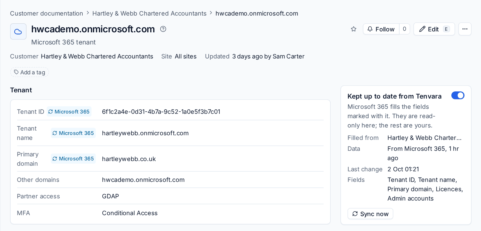 A Microsoft 365 tenant record with fields marked Microsoft 365 and the Kept up to date from Tenvara card
