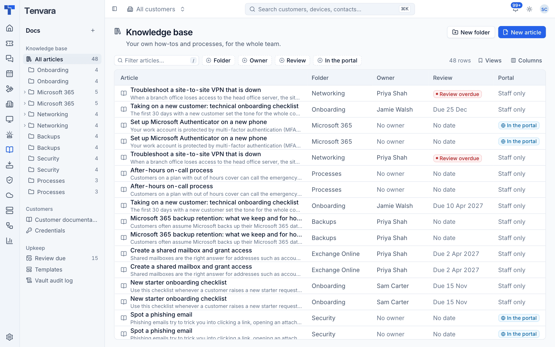 The knowledge base with its folders in the Docs sidebar