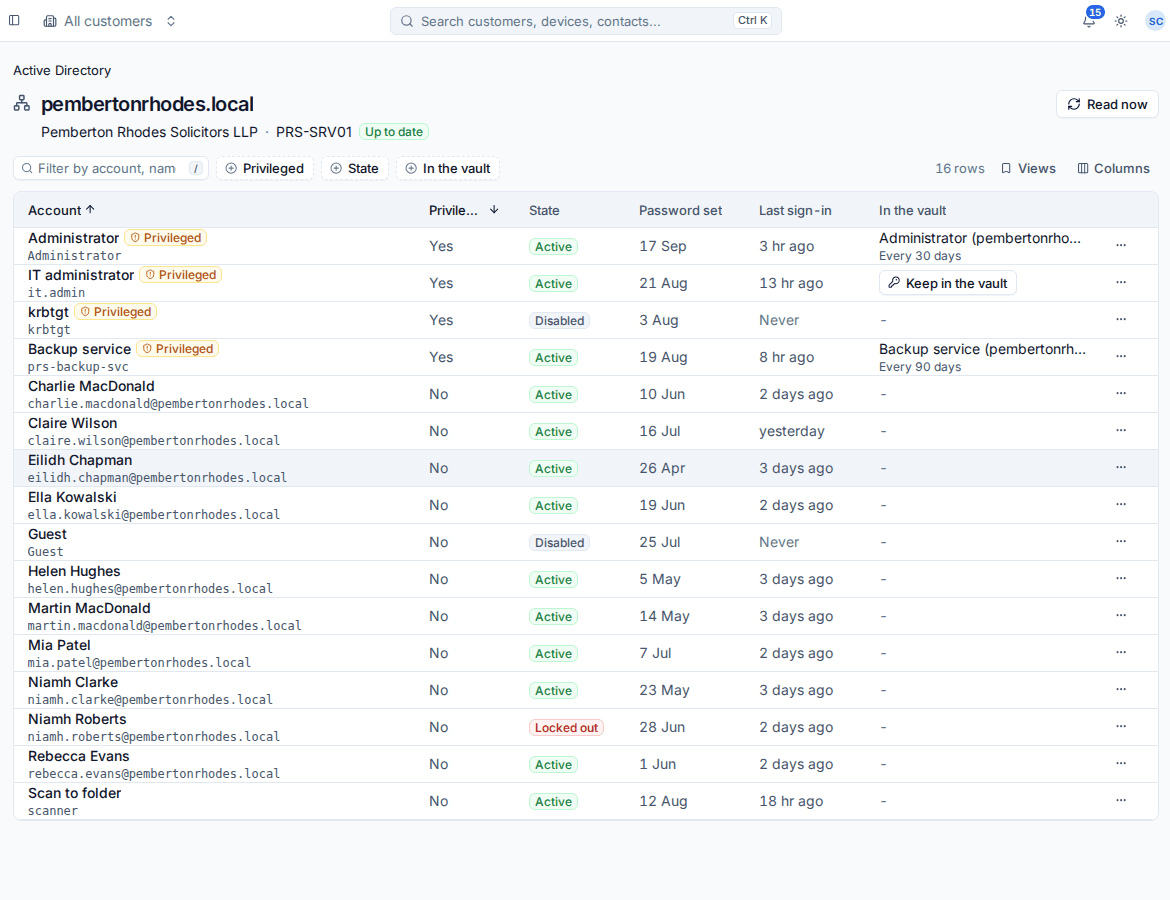 A domain's accounts with privileged ones marked