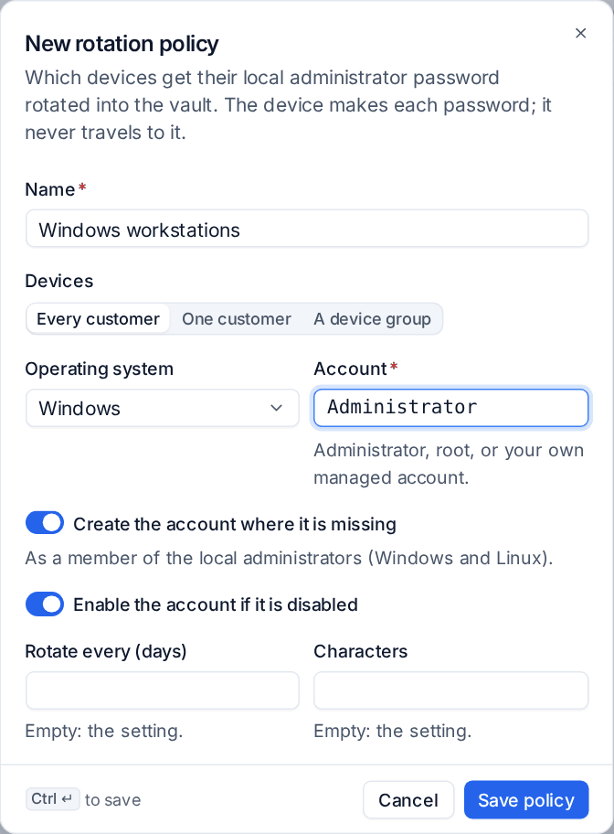 The New rotation policy dialog