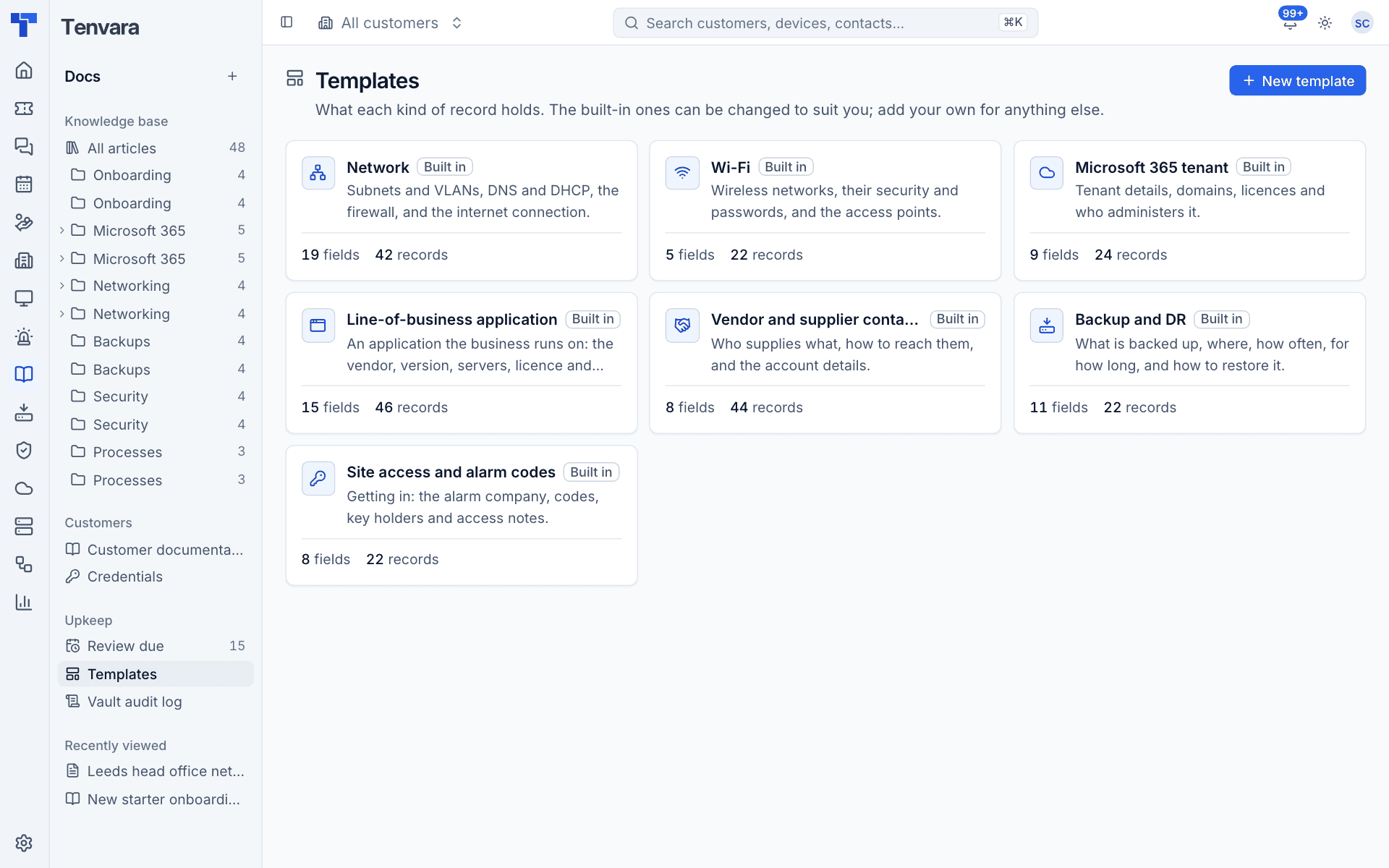 The Templates page with the seven built-in templates