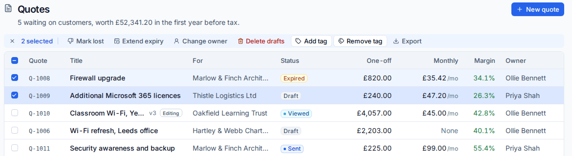 Two quotes ticked, with Mark lost, Extend expiry, Change owner, Delete drafts, tags and Export