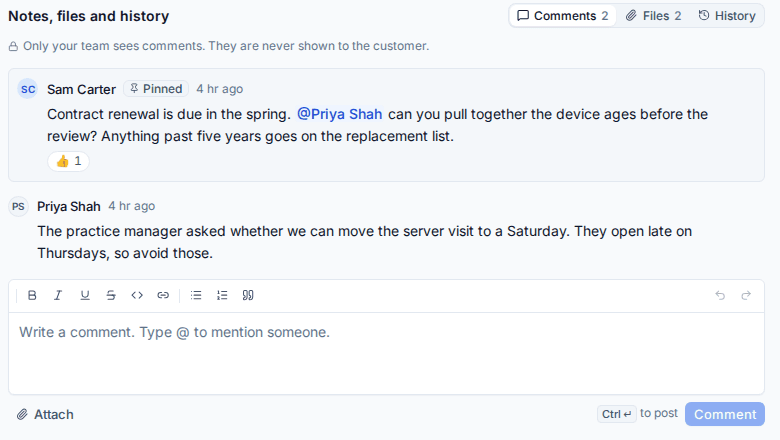 Comments on a customer, with a pinned comment, a mention and a reaction