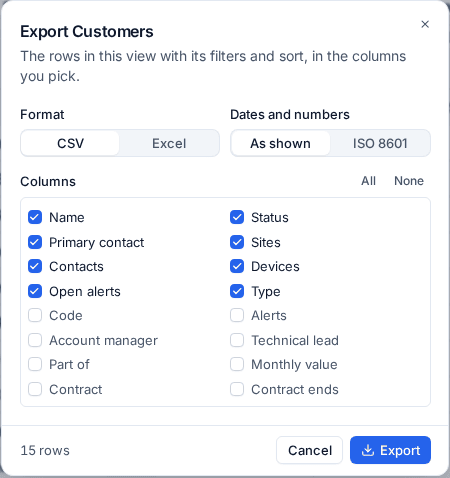 Exporting customers: CSV or Excel, dates as shown or ISO 8601, and the columns to include