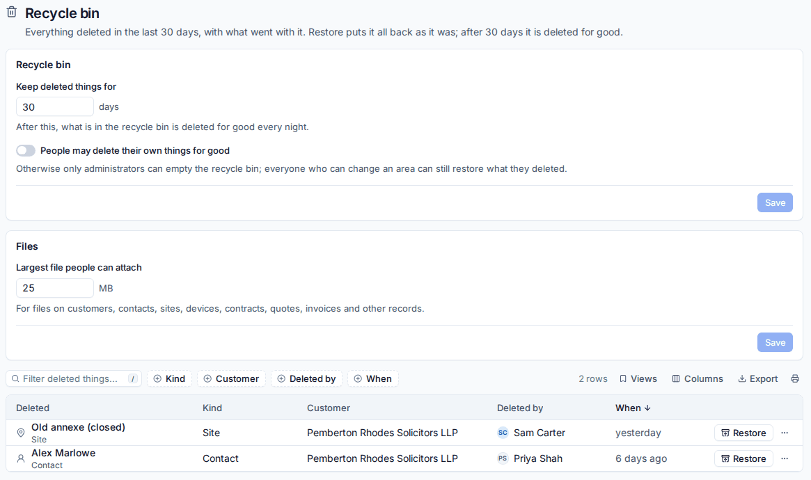 The recycle bin with a deleted site and contact, each with Restore