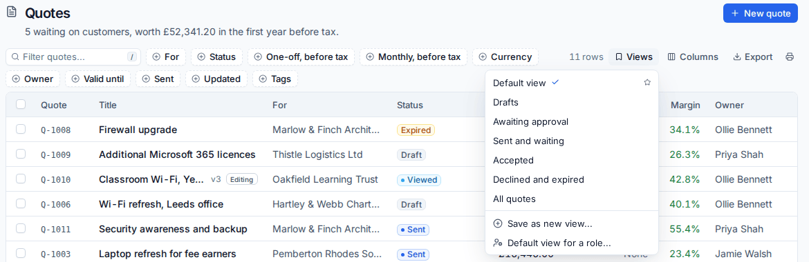 The Views menu on the quotes list with Save as new view and Default view for a role