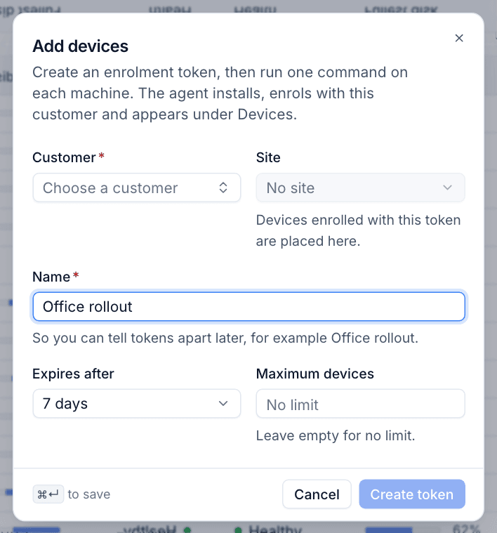 Creating an enrolment token in Add devices