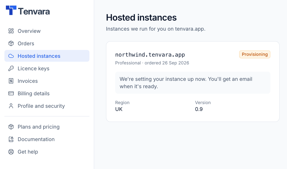 A hosted instance in the client area while it is being set up