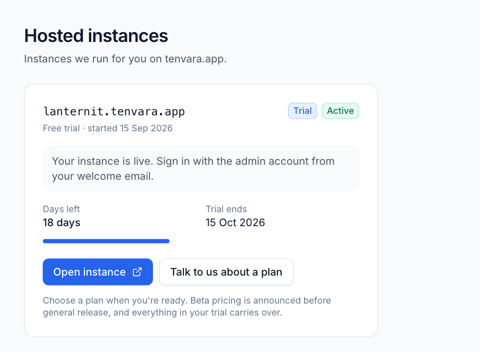 A free trial in the client area, showing its address, status and days left