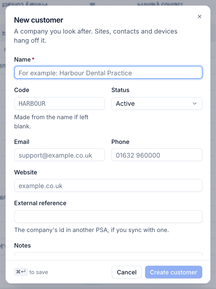 The New customer dialog