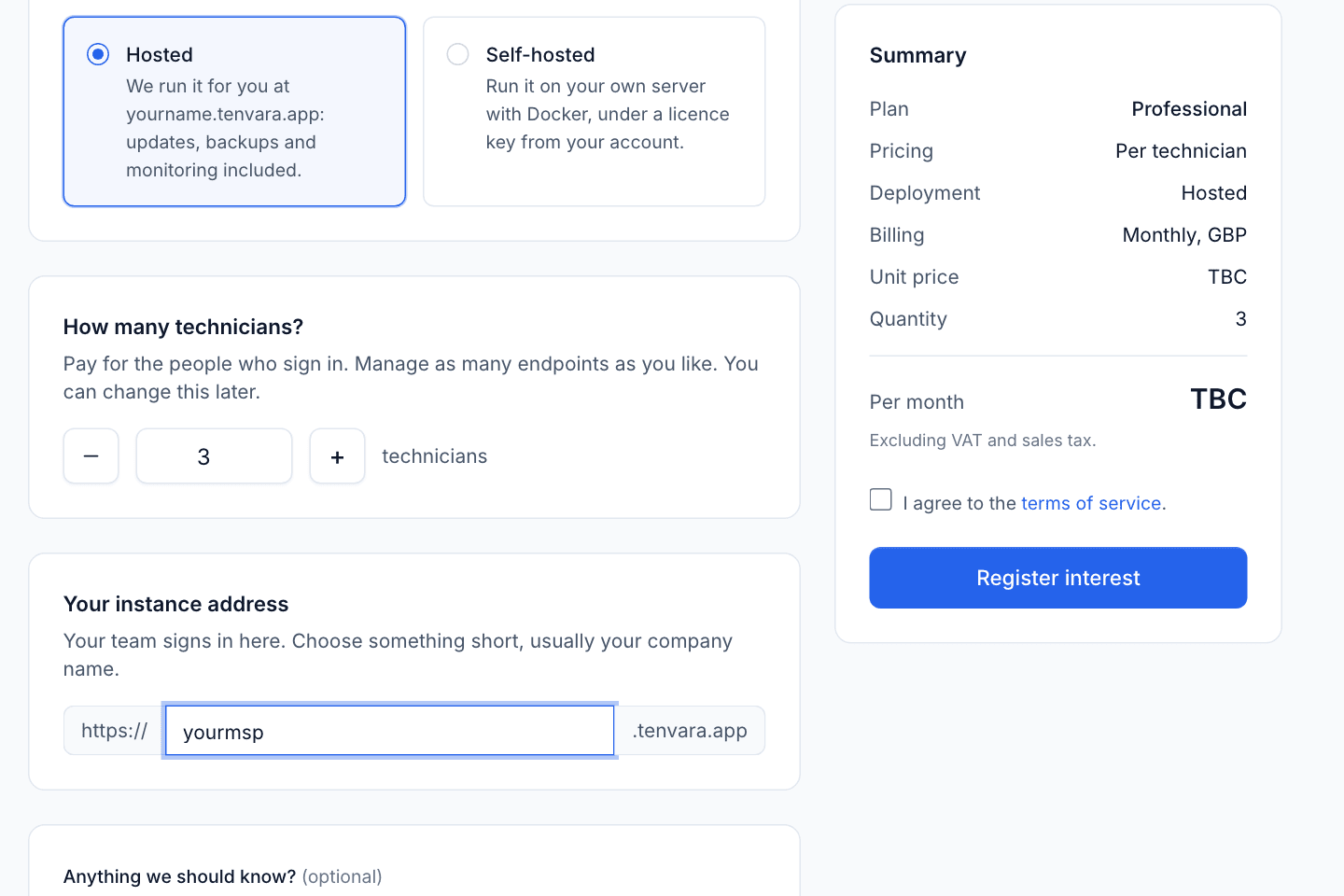 The order page with Hosted chosen and the instance address filled in
