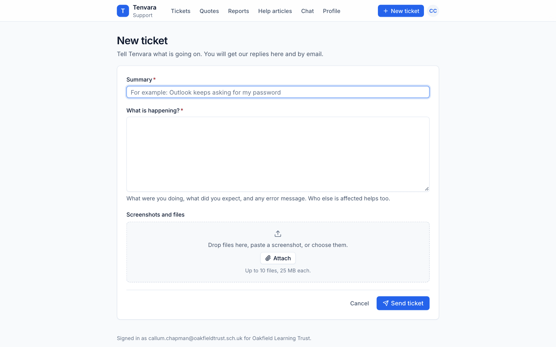 The New ticket form in the portal