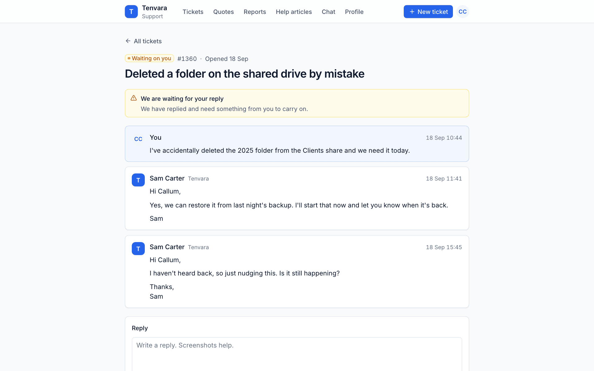 A ticket in the portal waiting on the contact's reply