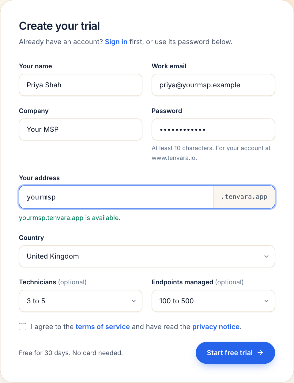 The free trial form with an available address