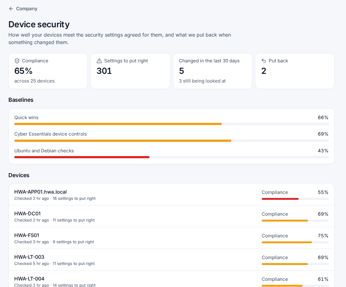 The customer portal's Device security page with compliance, settings to put right and what was put back