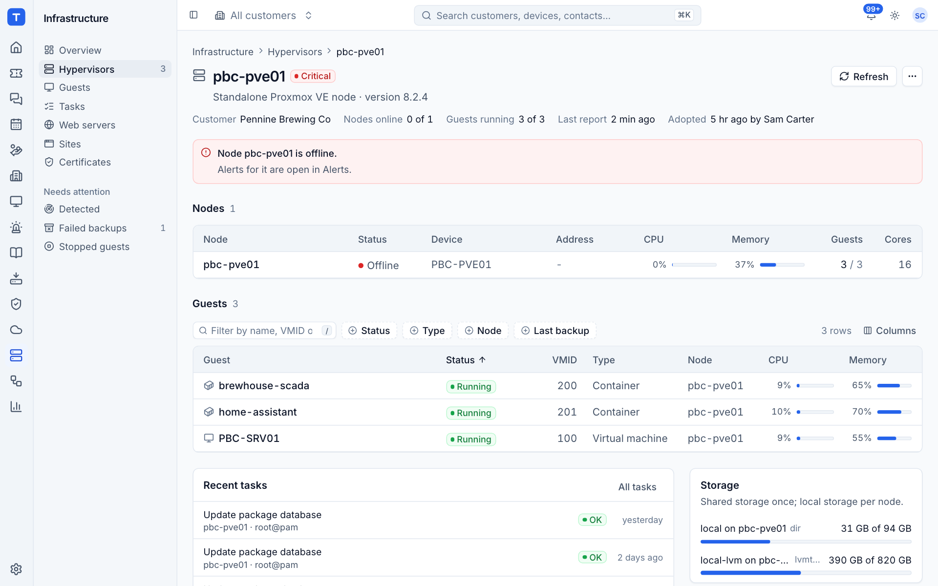 A cluster page with its nodes, guests, tasks, storage and backup jobs