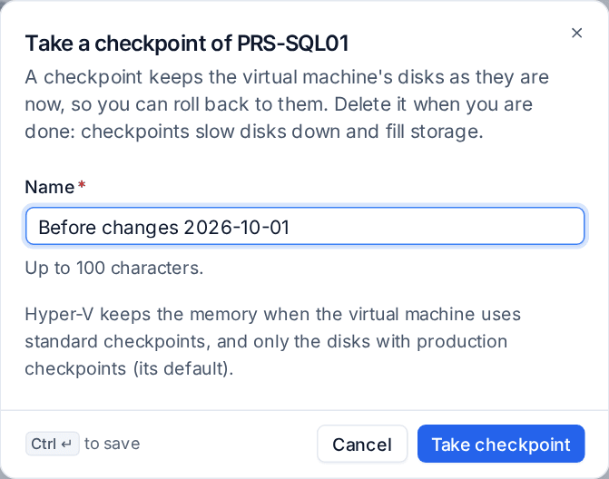 Taking a checkpoint of a Hyper-V virtual machine