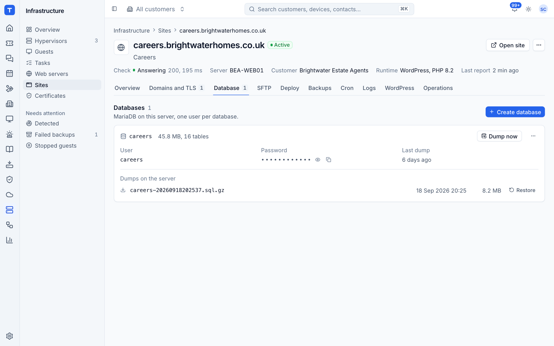 The Database tab with a database, its user, password and dumps