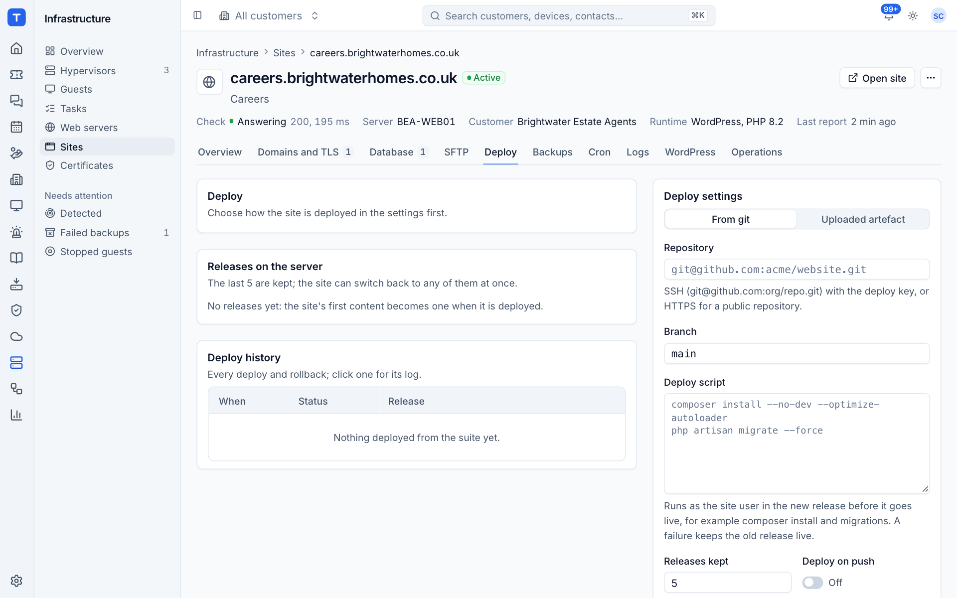 The Deploy tab with releases, history and deploy settings