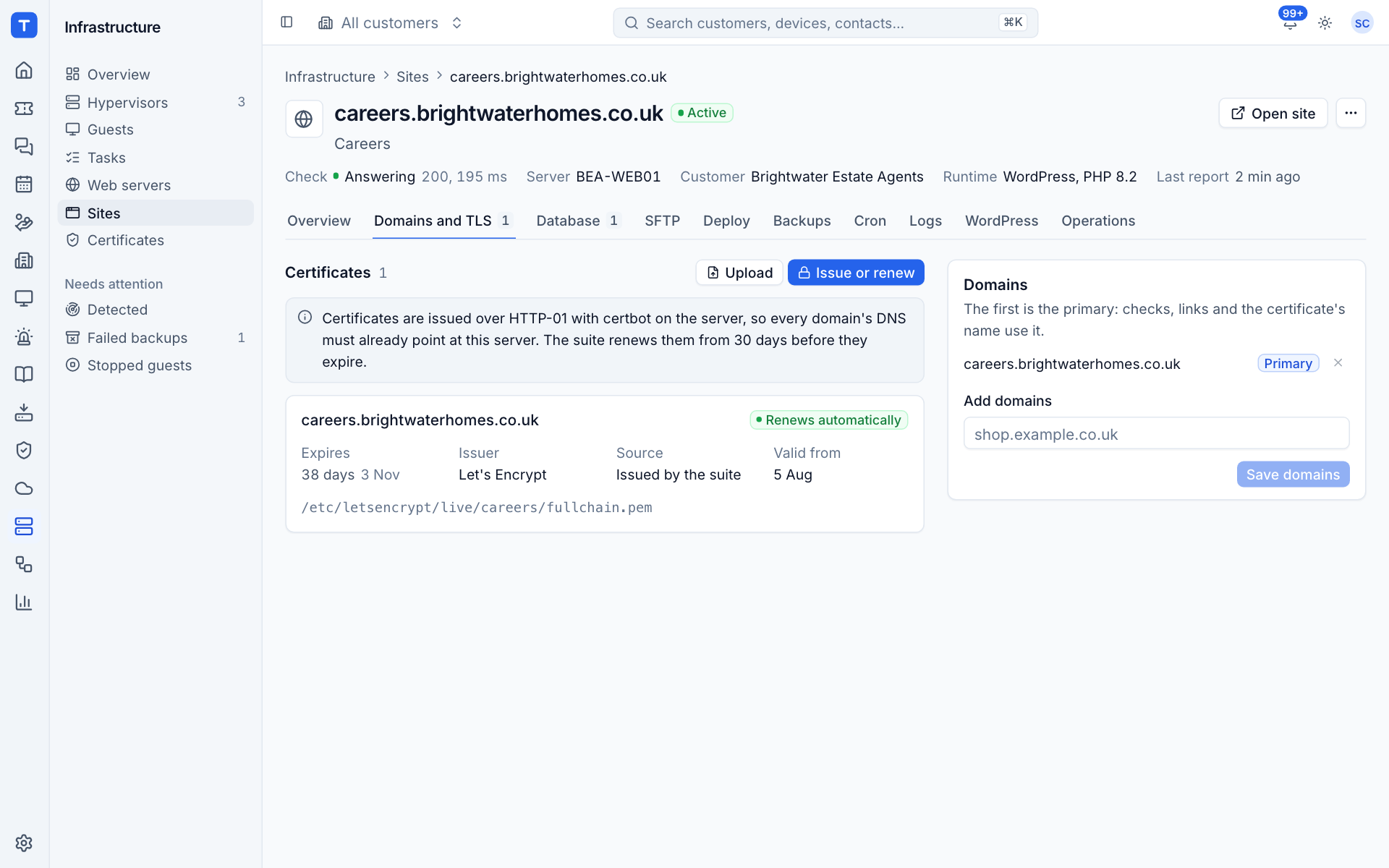 The Domains and TLS tab with the certificate and domain list