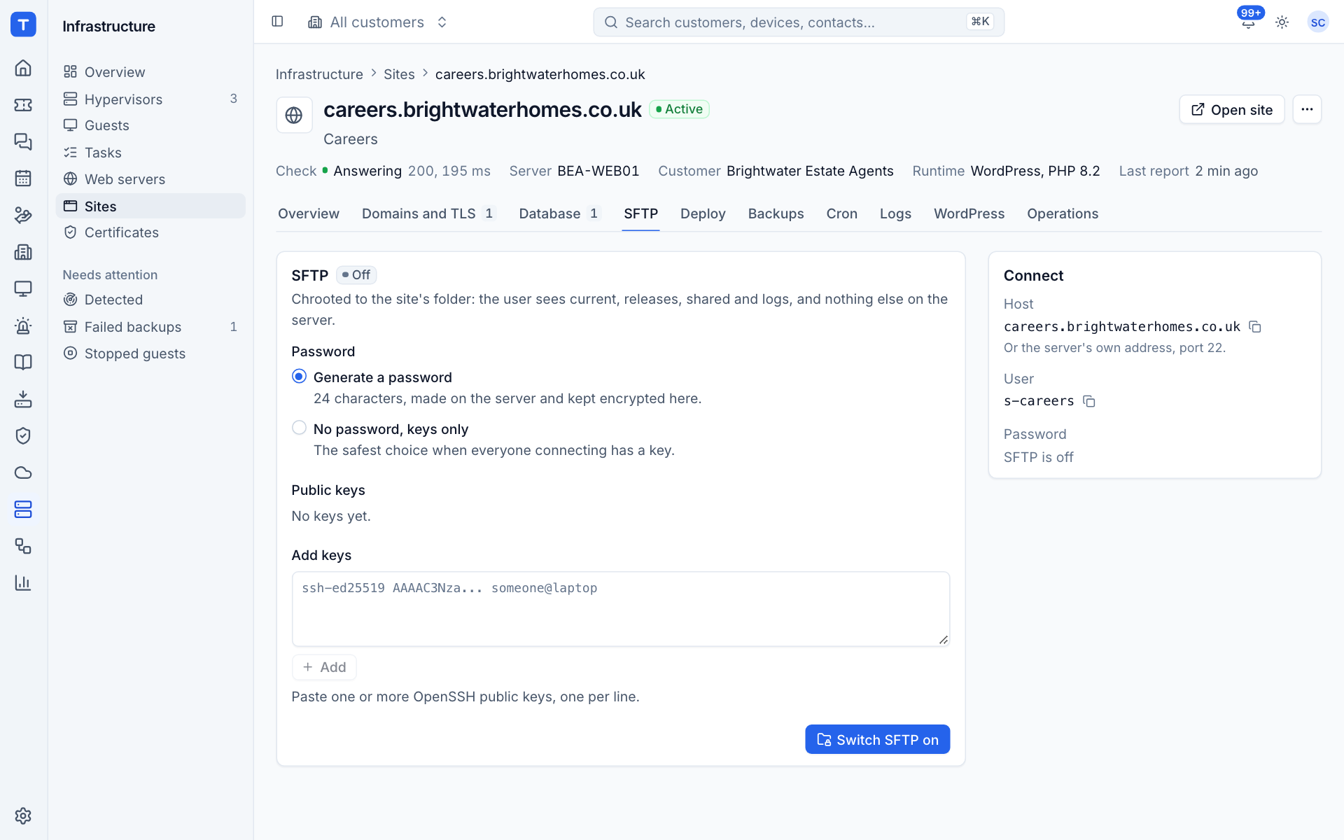 The SFTP tab with password and key options