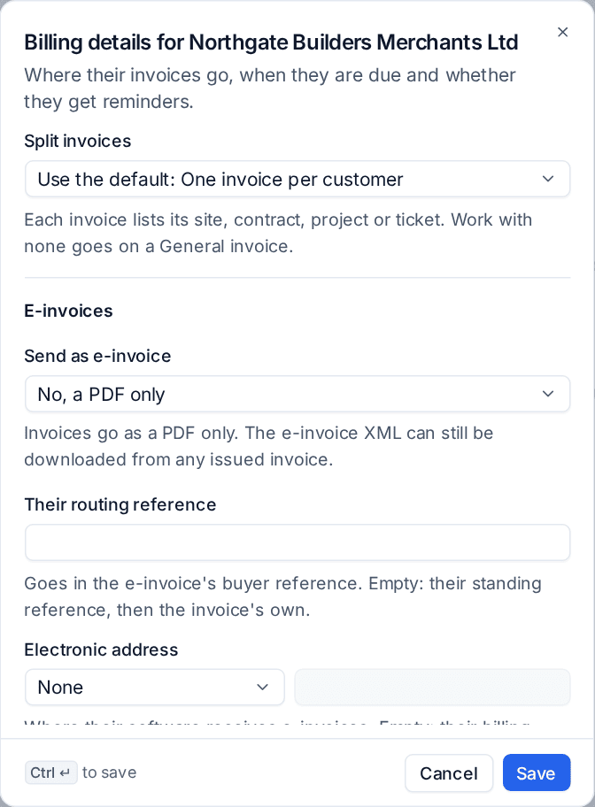 The e-invoice settings on a customer's billing details