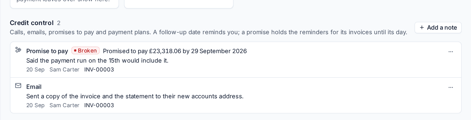 Credit control notes with a broken promise to pay