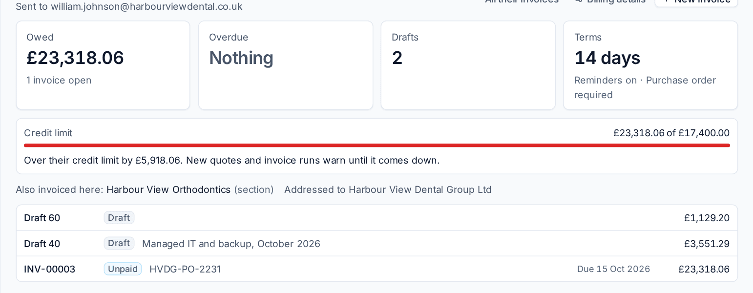A customer's billing panel over their credit limit, with a group company's work invoiced here