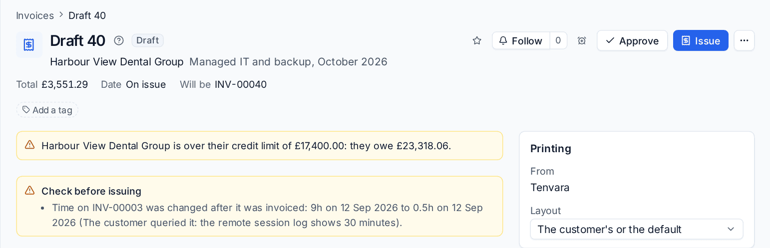 A draft invoice warning that the customer is over their credit limit