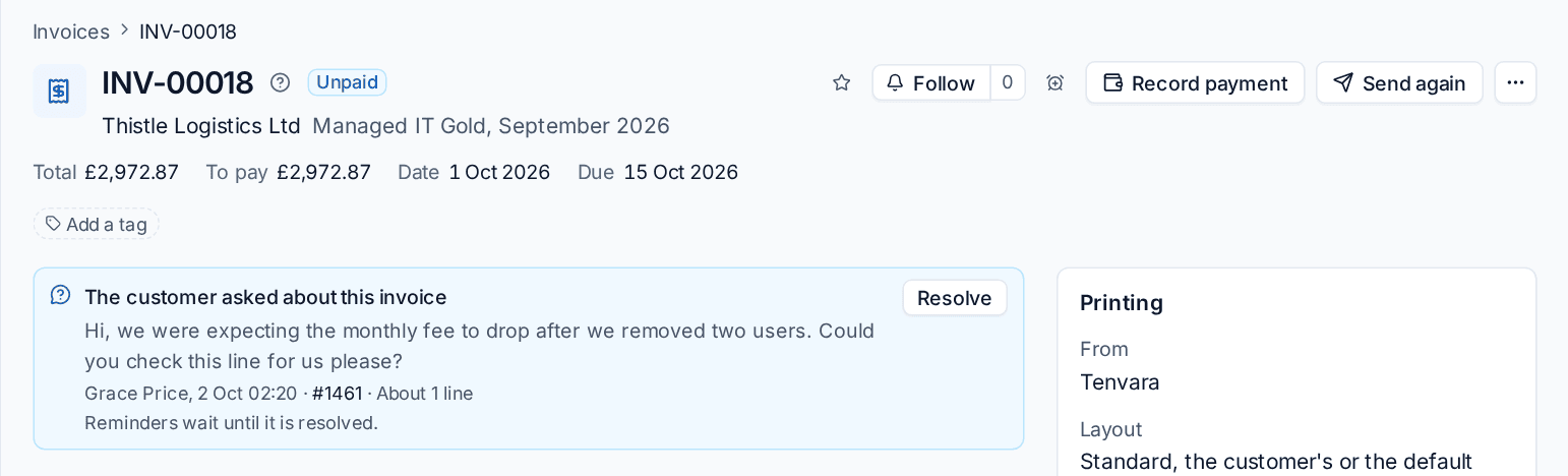 An invoice the customer asked about from the portal