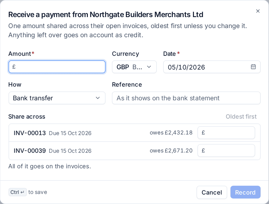 Receiving one payment across a customer's open invoices