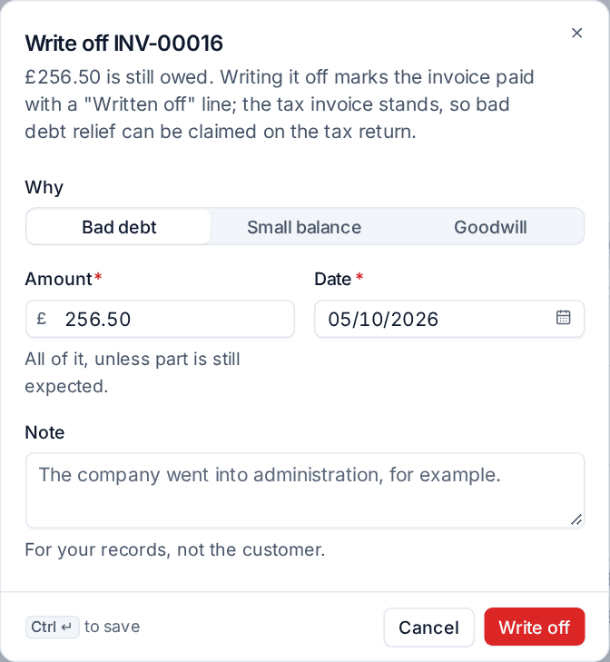 Writing off what is left on an invoice