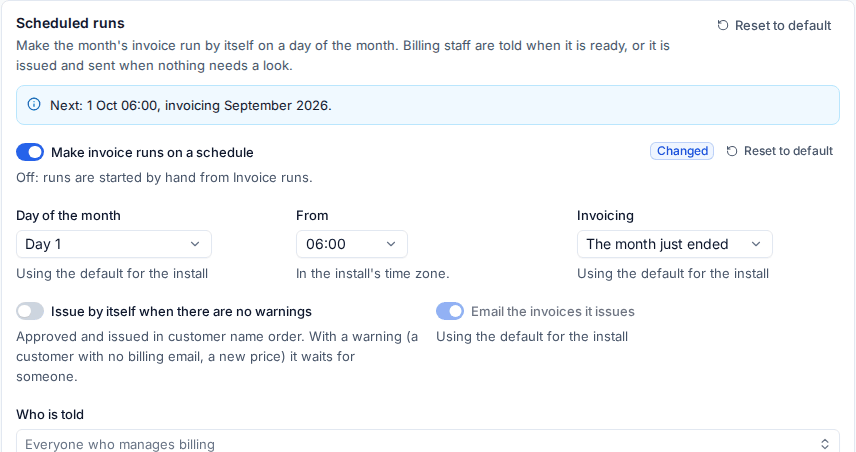 Scheduled runs in the invoice settings