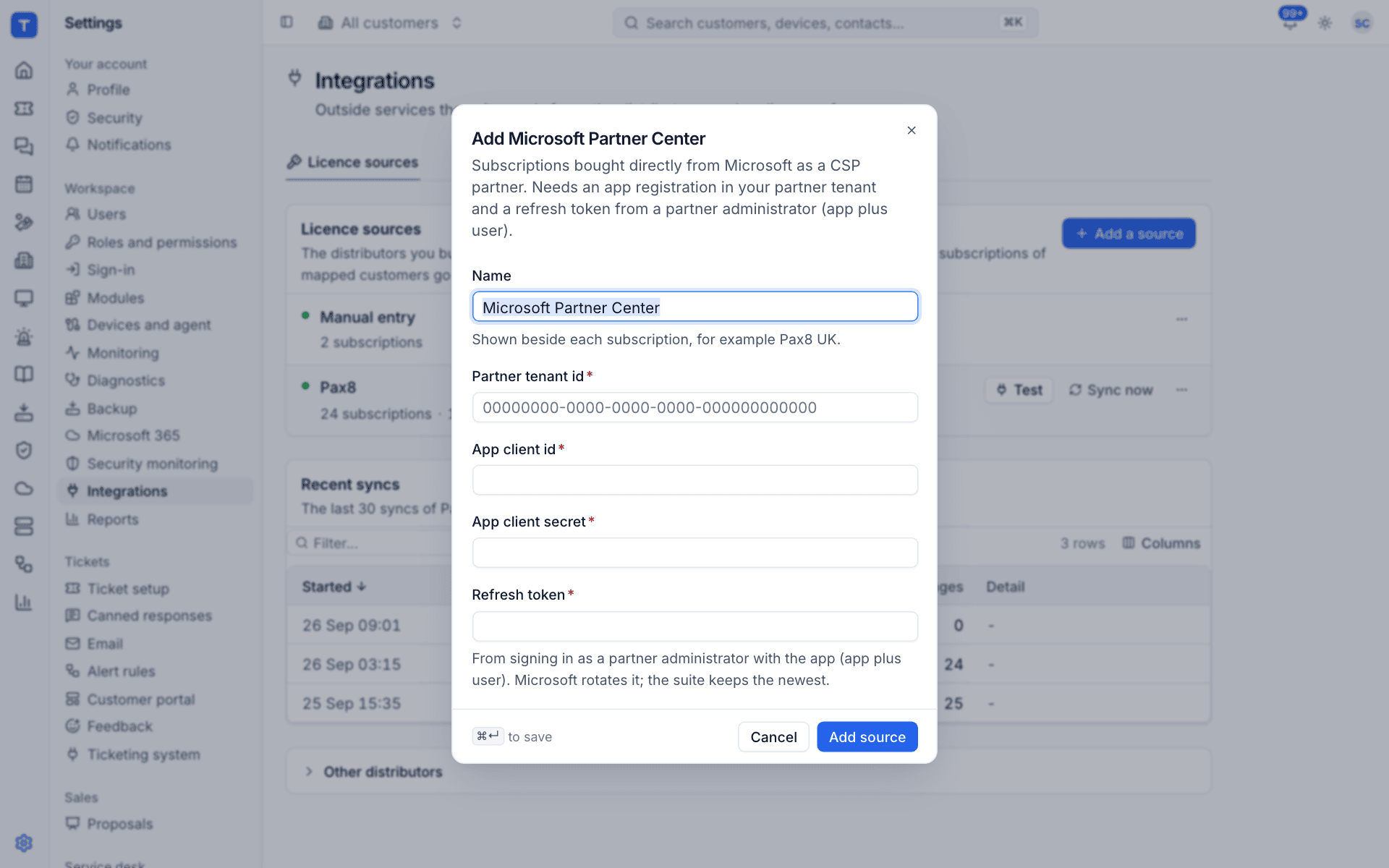 The Add Microsoft Partner Center dialog with the partner tenant, app and refresh token fields