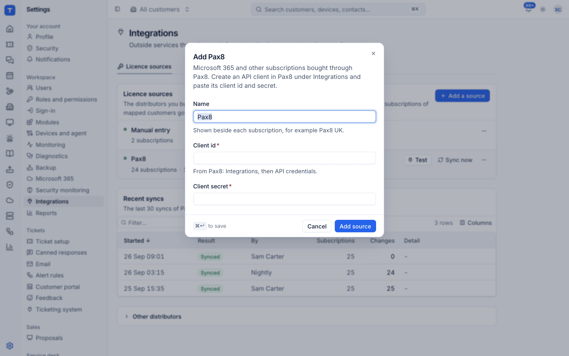 The Add Pax8 dialog with Name, Client id and Client secret