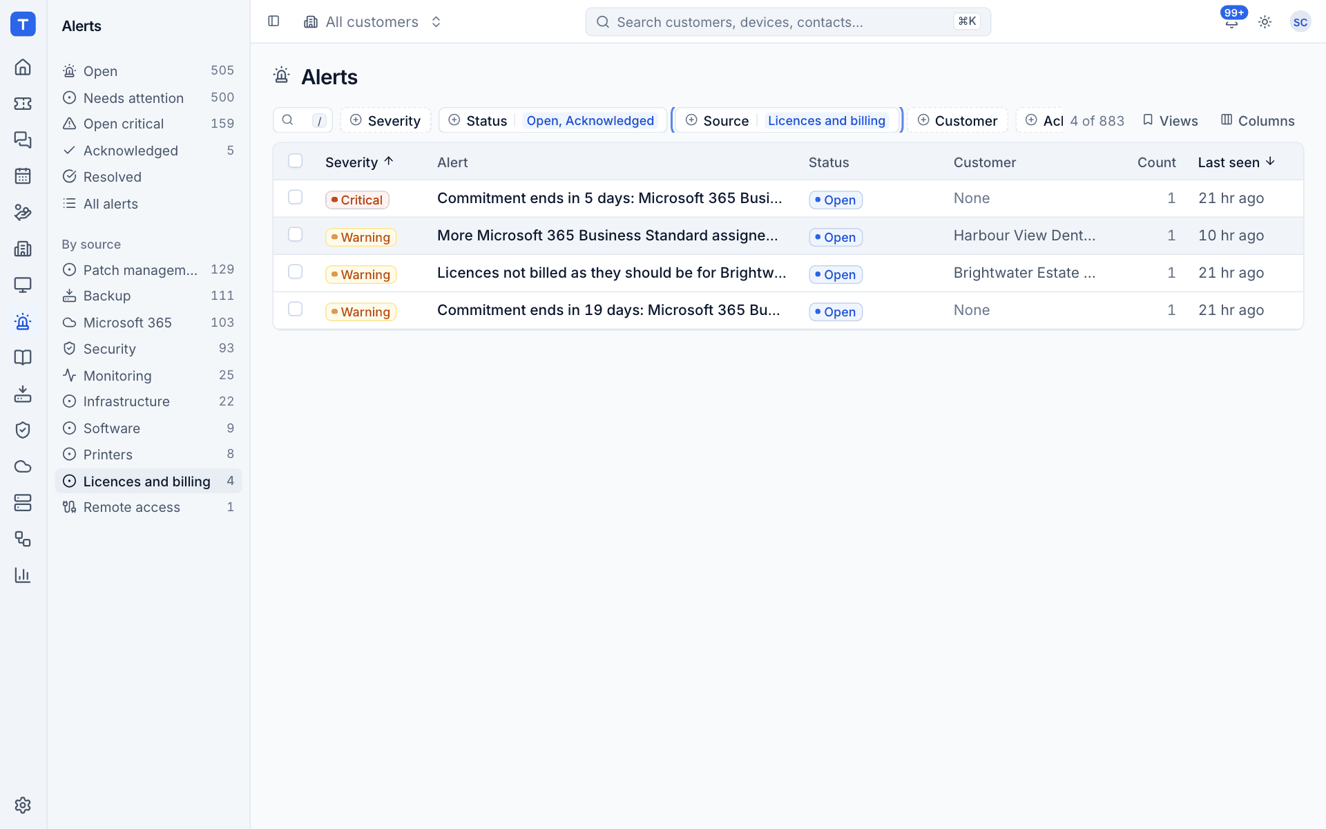 The Alerts list filtered to Licences and billing