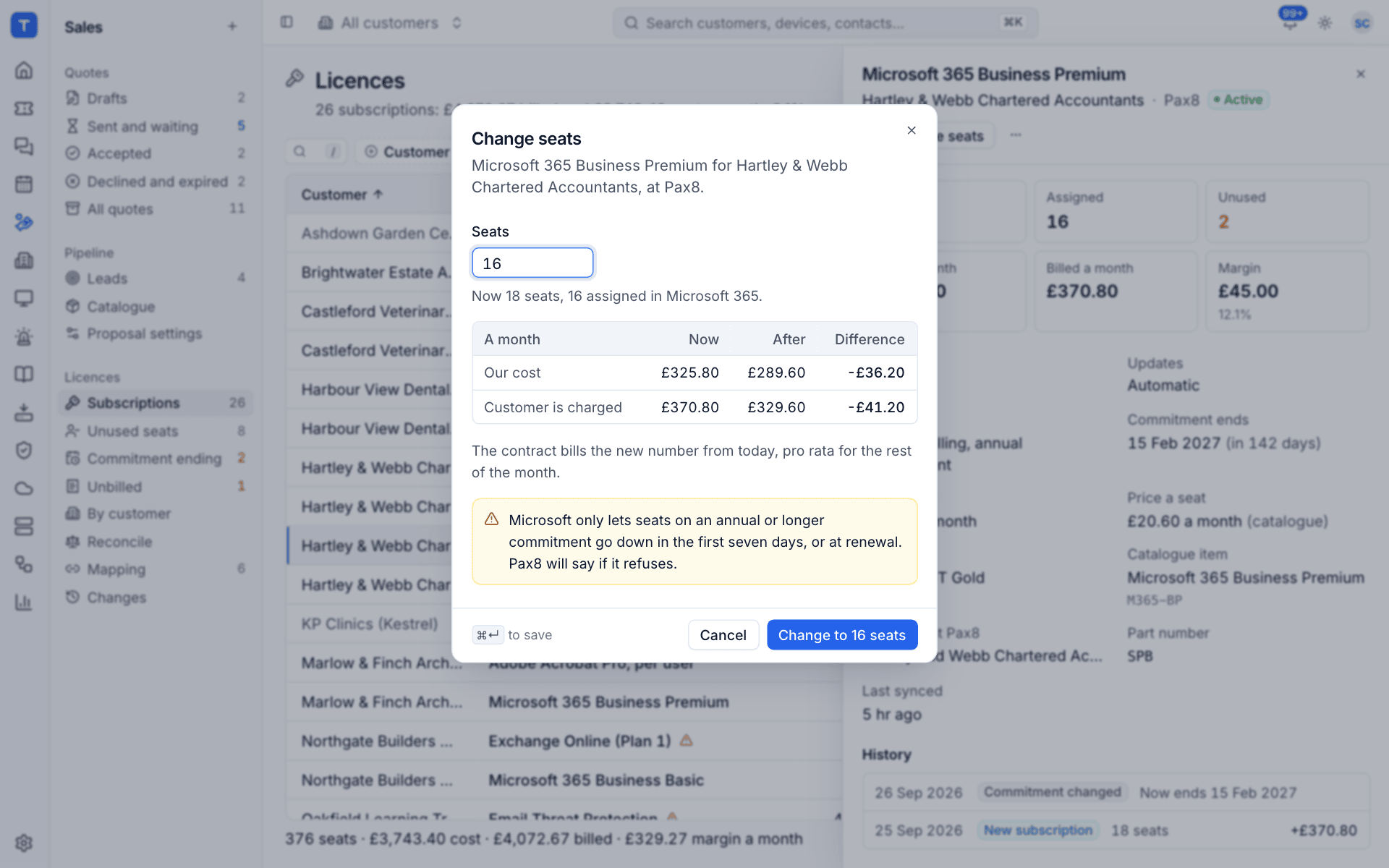 The Change seats dialog with the cost and charge before and after