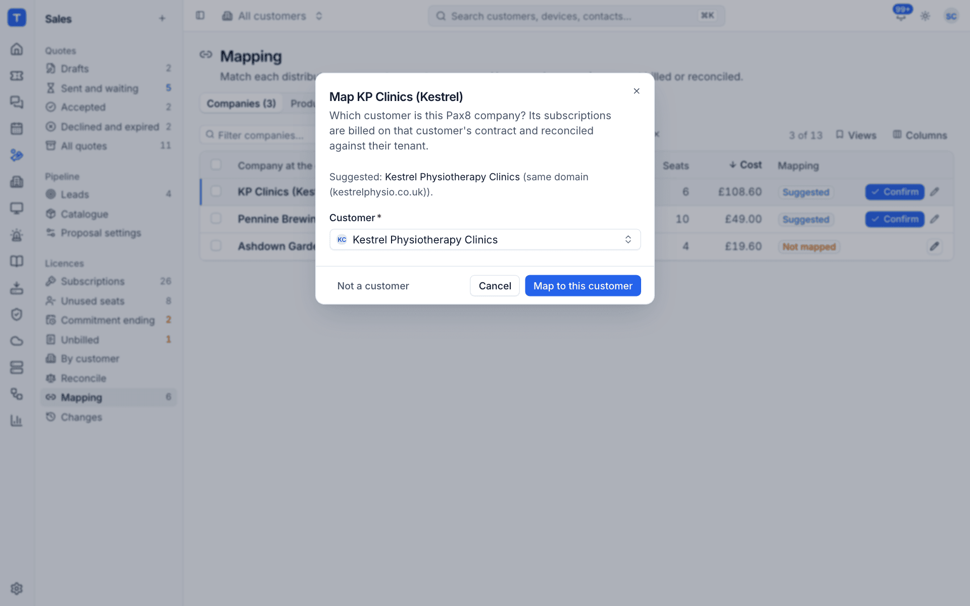 The Map company dialog with the suggested customer