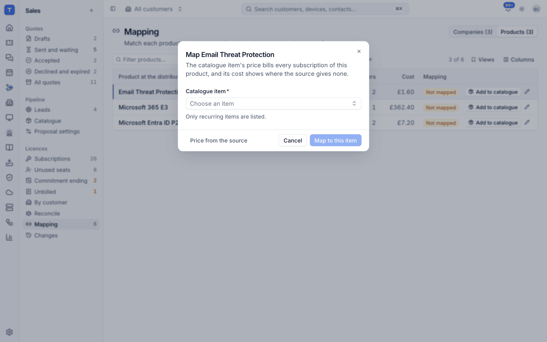 The Map product dialog with the catalogue item picker