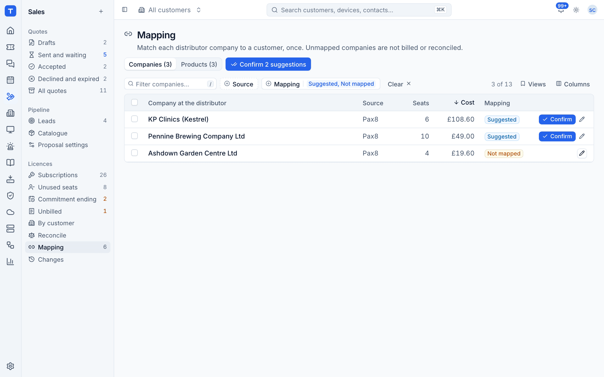The Companies tab of Mapping with suggested and unmapped companies