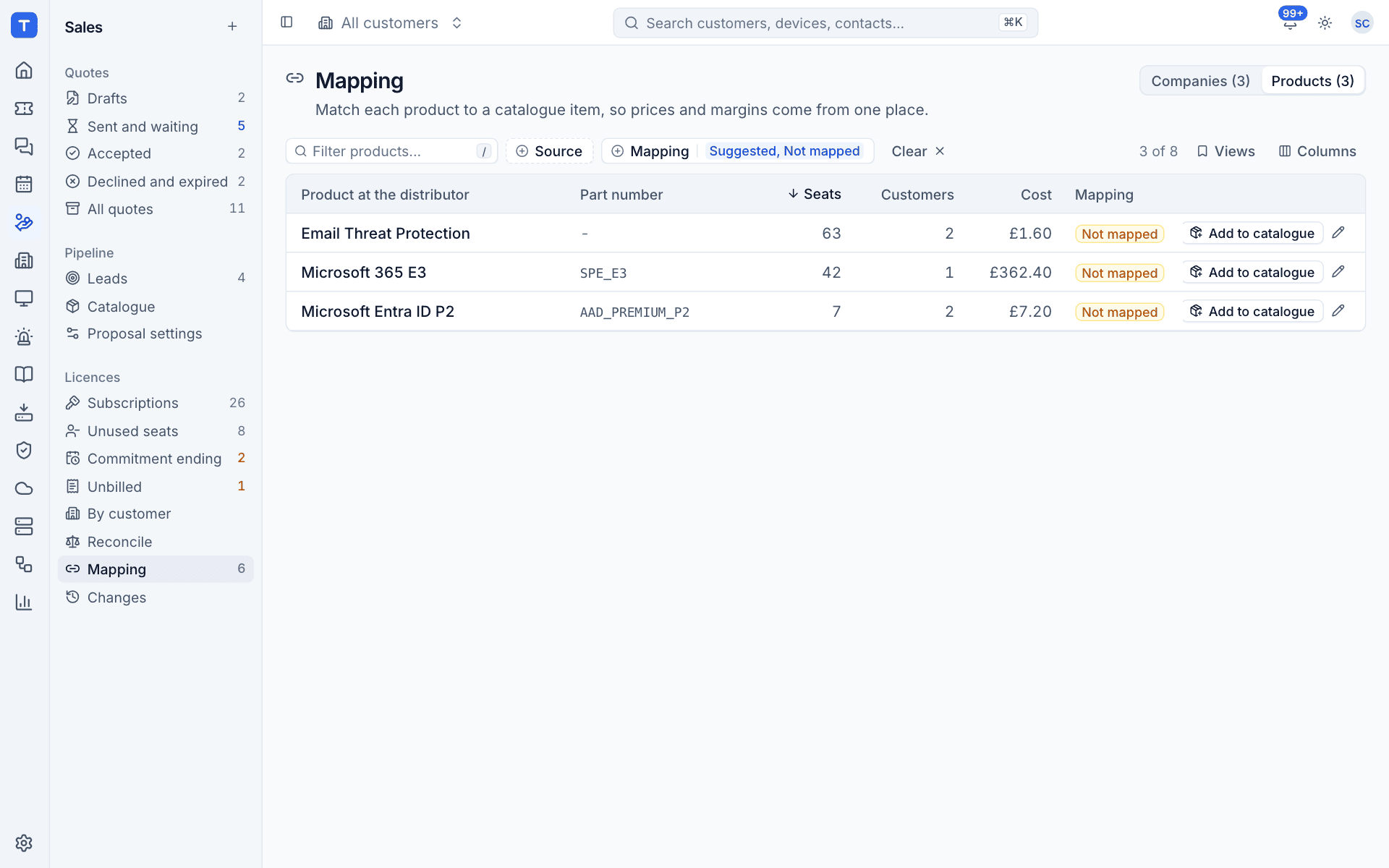 The Products tab of Mapping with Add to catalogue on each unmapped product