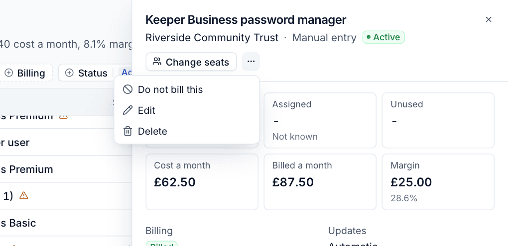 The more actions menu with Do not bill this, Edit and Delete