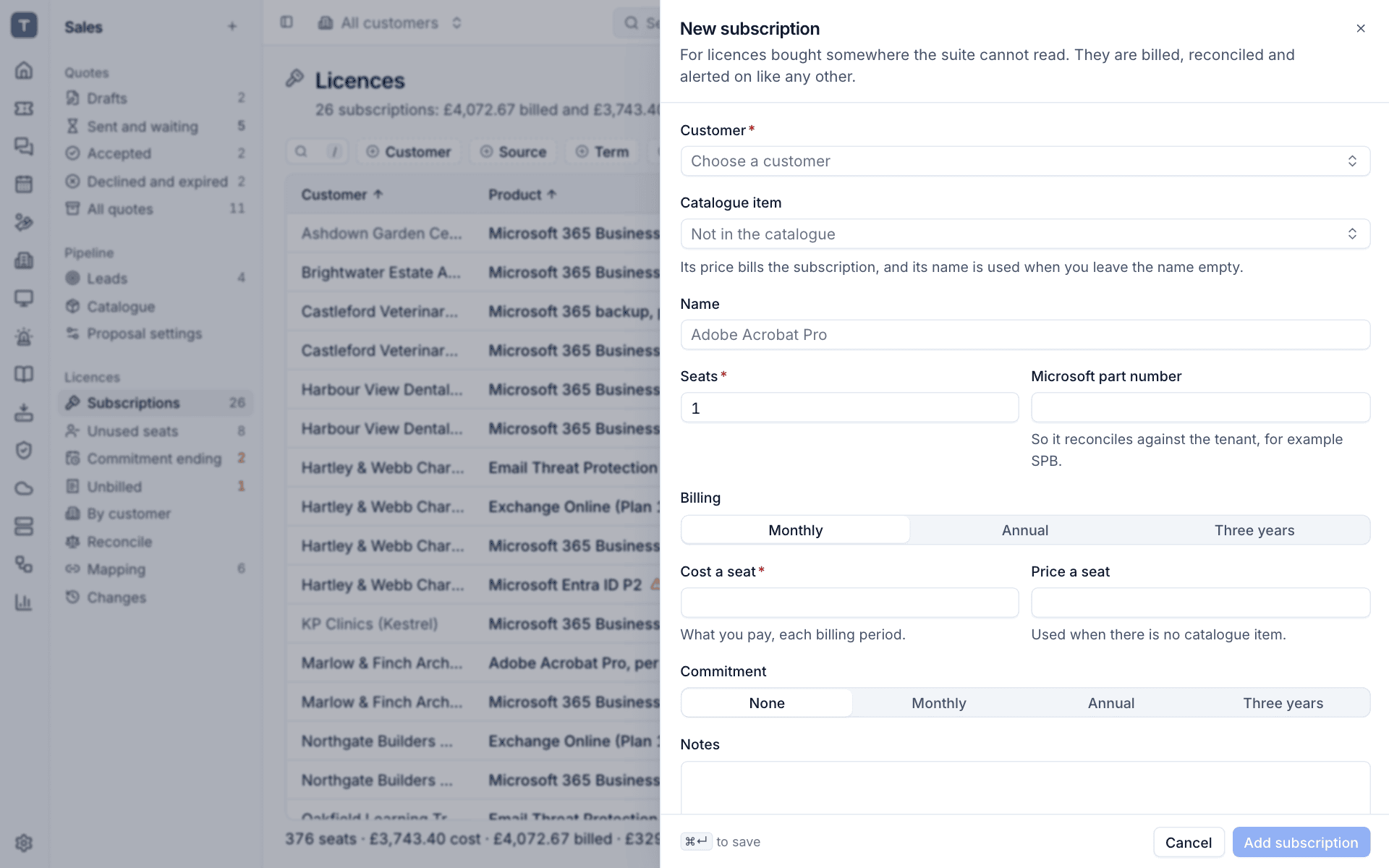 The New subscription form for licences entered by hand